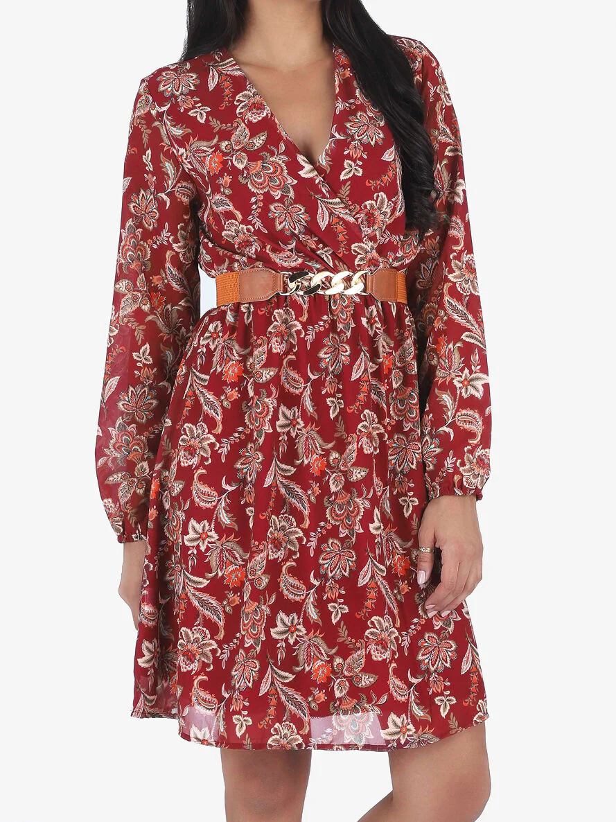 Korte uitlopende jurk met paisleyprint - Bordeauxrood - Image 4