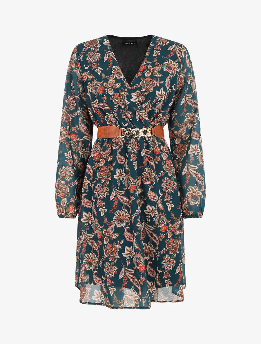 Korte uitlopende jurk met paisleyprint - Blauwgroen