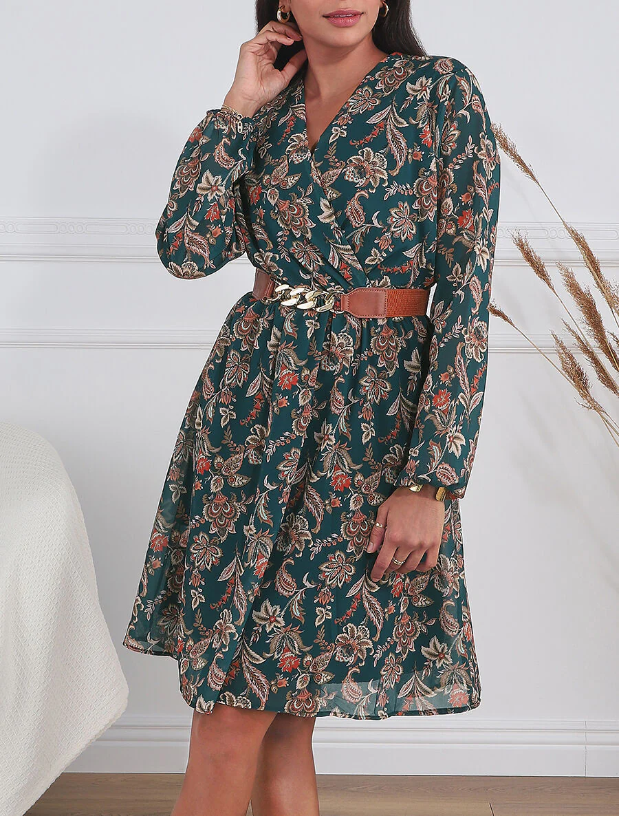 Korte uitlopende jurk met paisleyprint - Blauwgroen - Image 4
