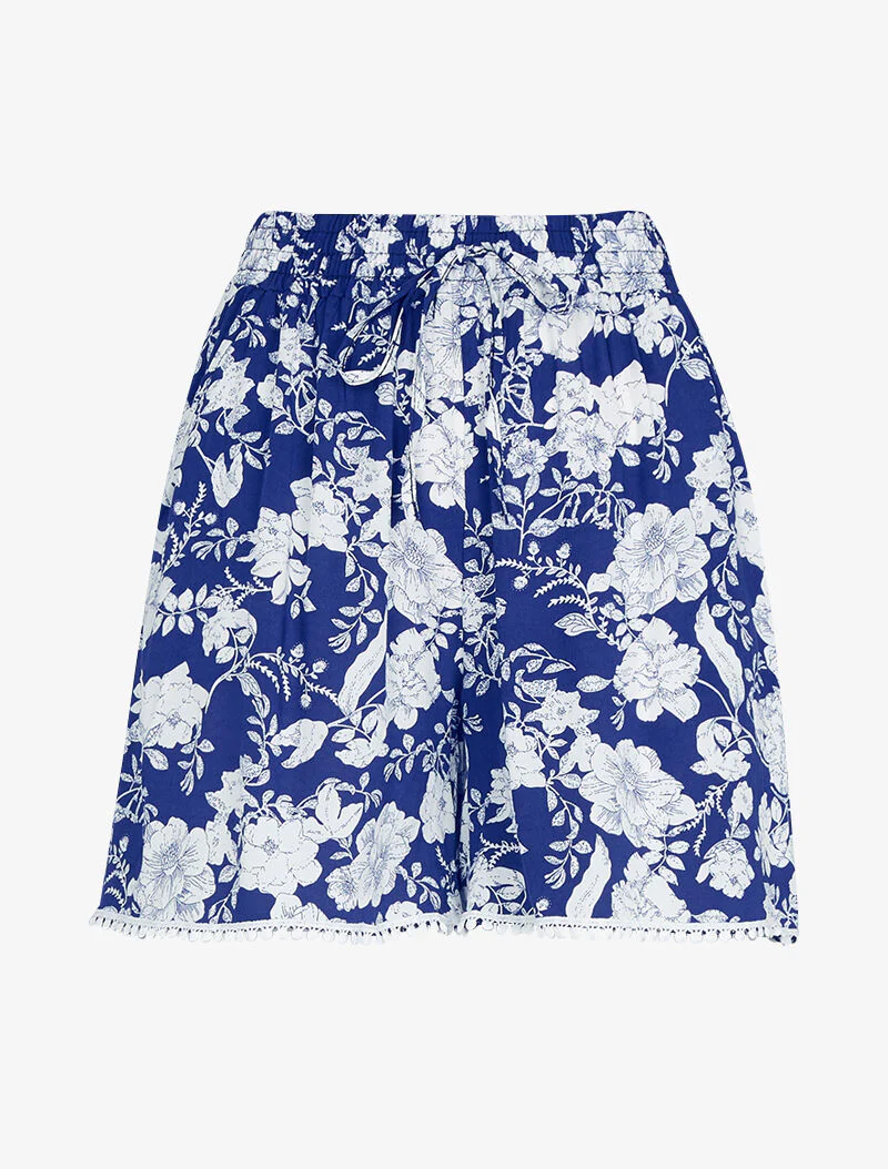 Korte wijde broek met bloemenprint - marine