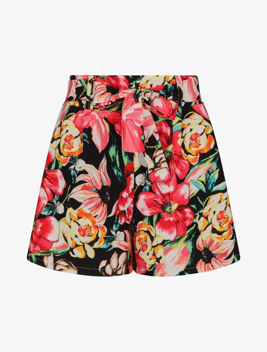 Korte wijde met tropische bloemenprint - Zwart