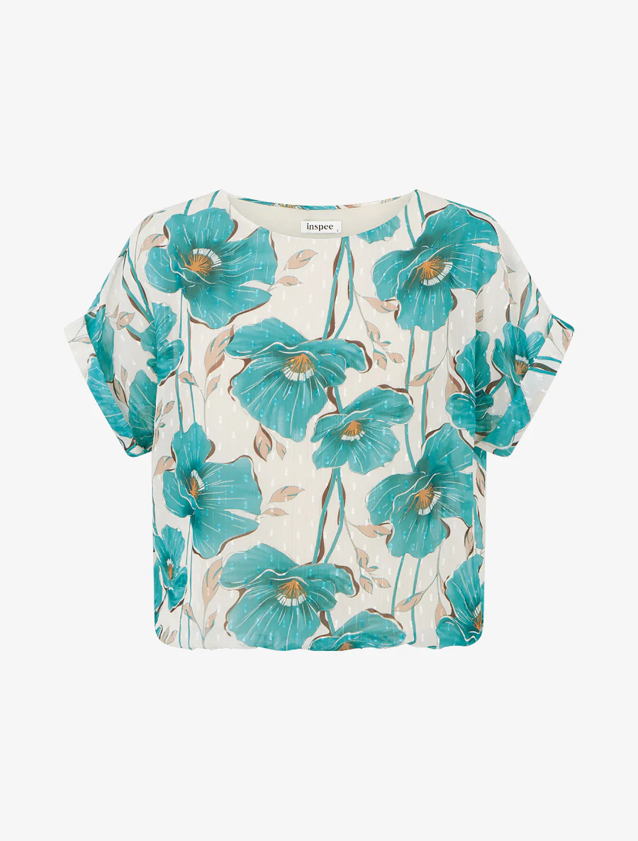 Kortebloemenprinttop met korte mouwen - Turkoois