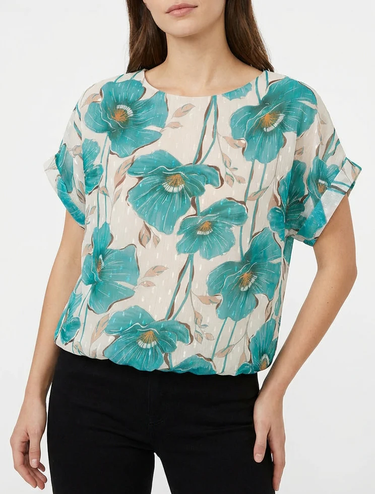 Kortebloemenprinttop met korte mouwen - Turkoois - Image 4