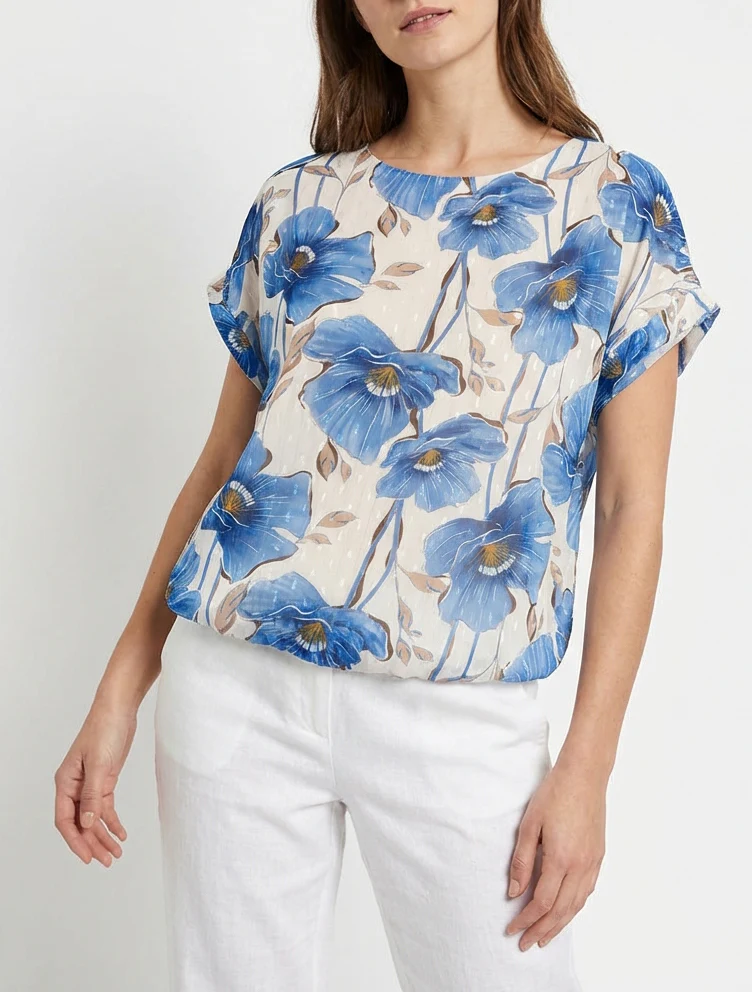 Kortebloemenprinttop met korte mouwen - Blauw karretje - Image 4