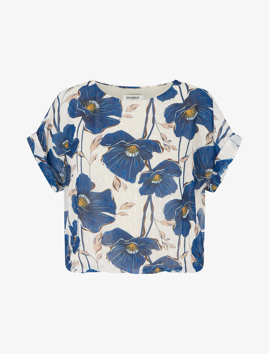 Kortebloemenprinttop met korte mouwen - Marine