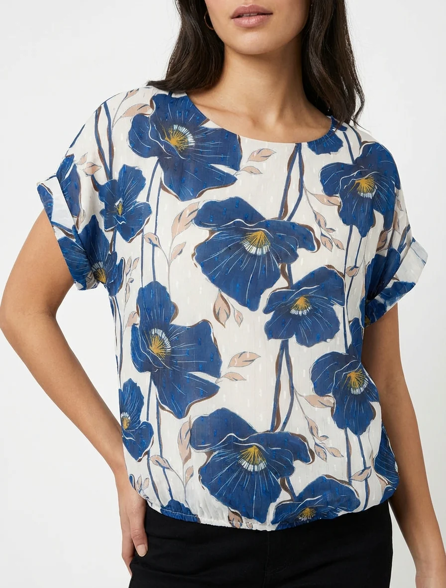 Kortebloemenprinttop met korte mouwen - Marine - Image 4