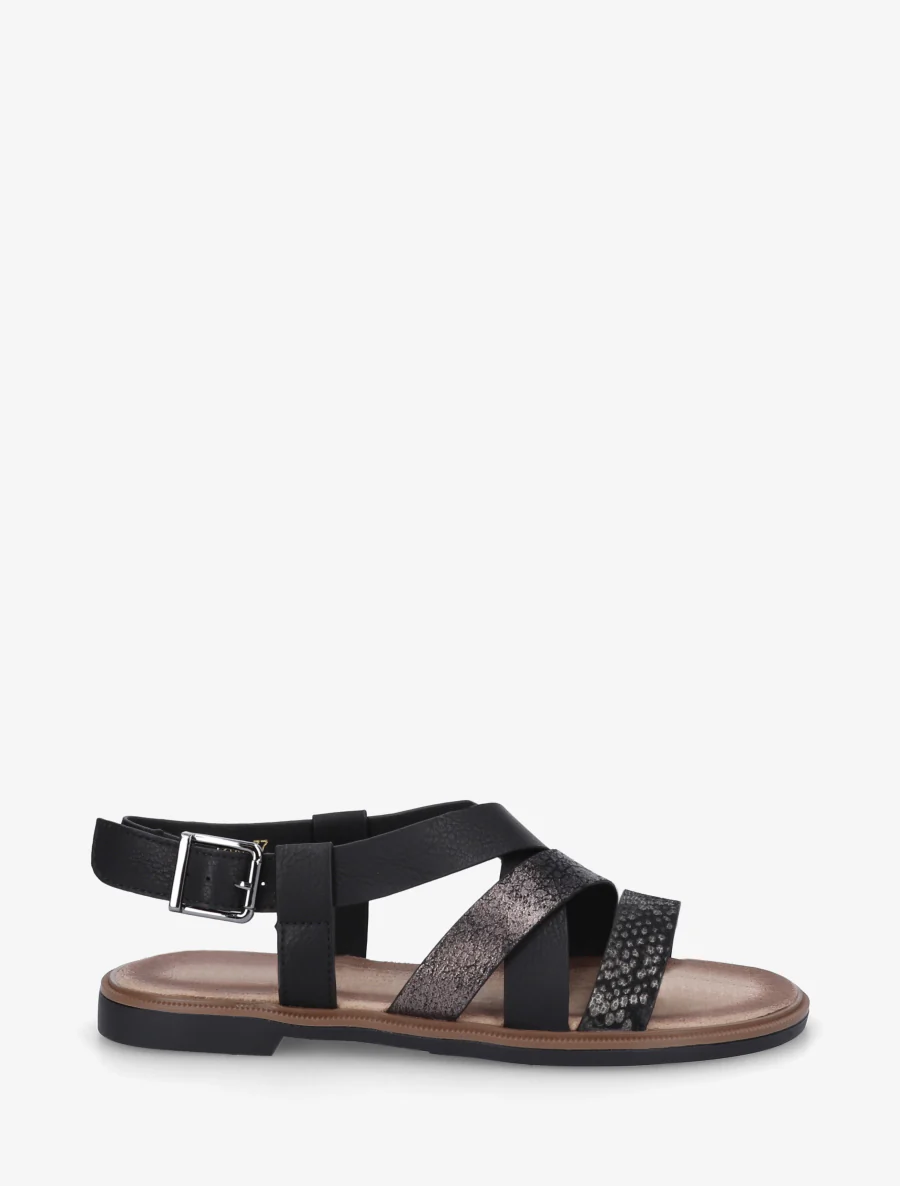 Kruisband sandalen met een iriserend effect in imitatie. - Zwart