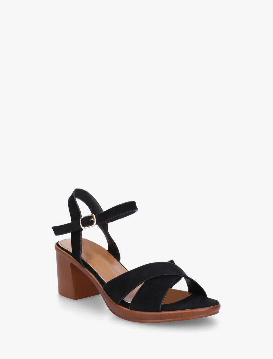 Kruisband suède sandalen met blokhak - Zwart - Image 2