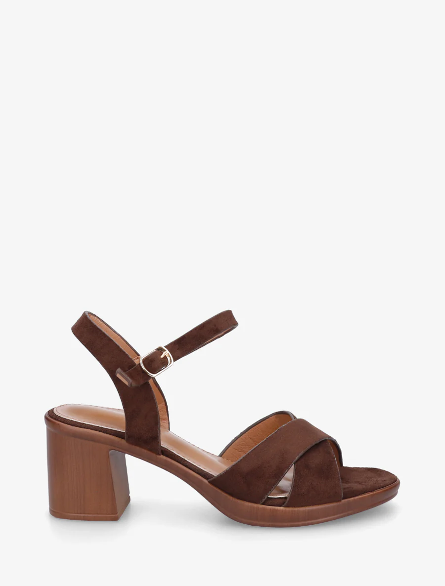 Kruisband suède sandalen met blokhak - Bruin