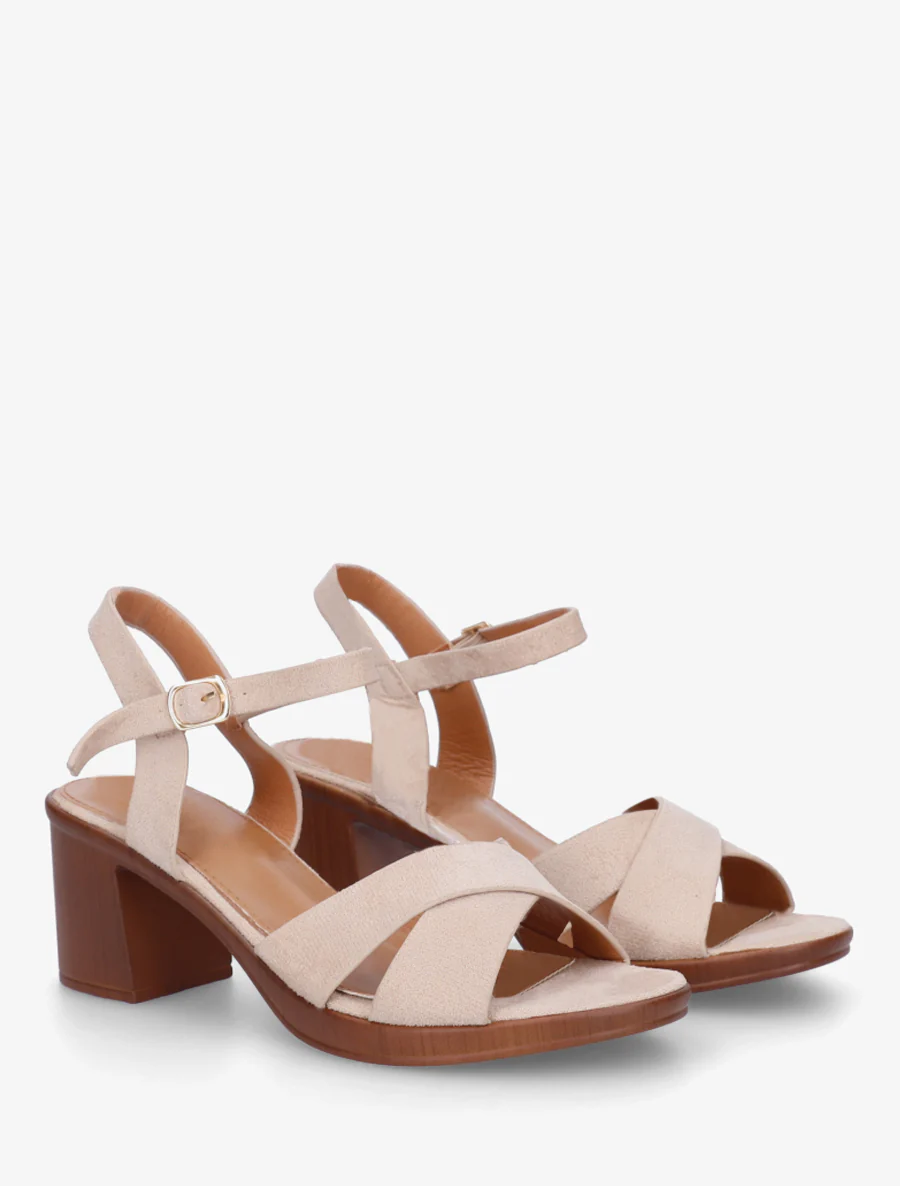 Kruisband suède sandalen met blokhak - Beige - Image 4