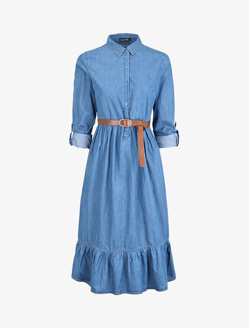 Lang gerimpeld spijkerjurk - Blauw denim