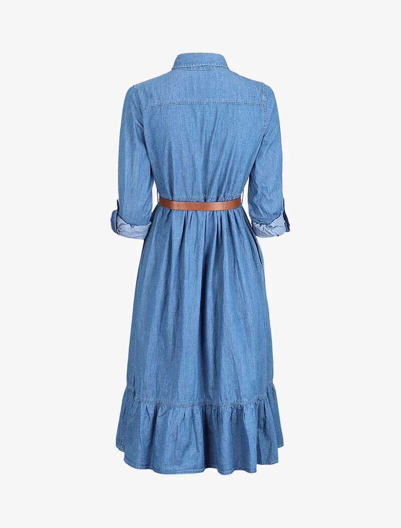 Lang gerimpeld spijkerjurk - Blauw denim - Image 2
