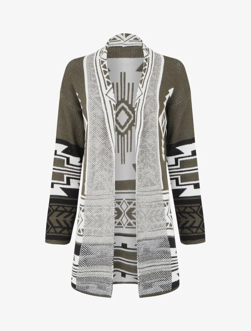 Lange gilet met Azteekse print - Kaki