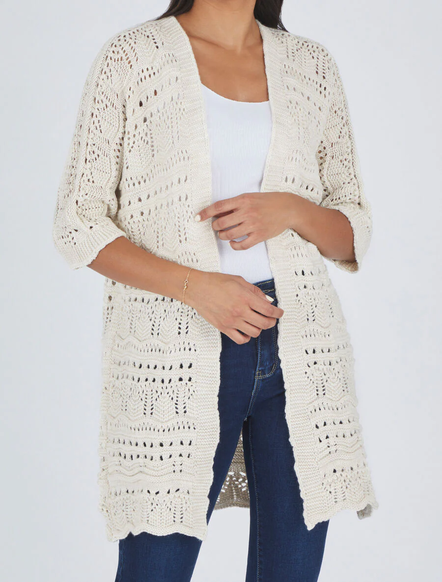 Lang opengewerkt gebreid vest met 3/4-mouwen - beige - Image 4