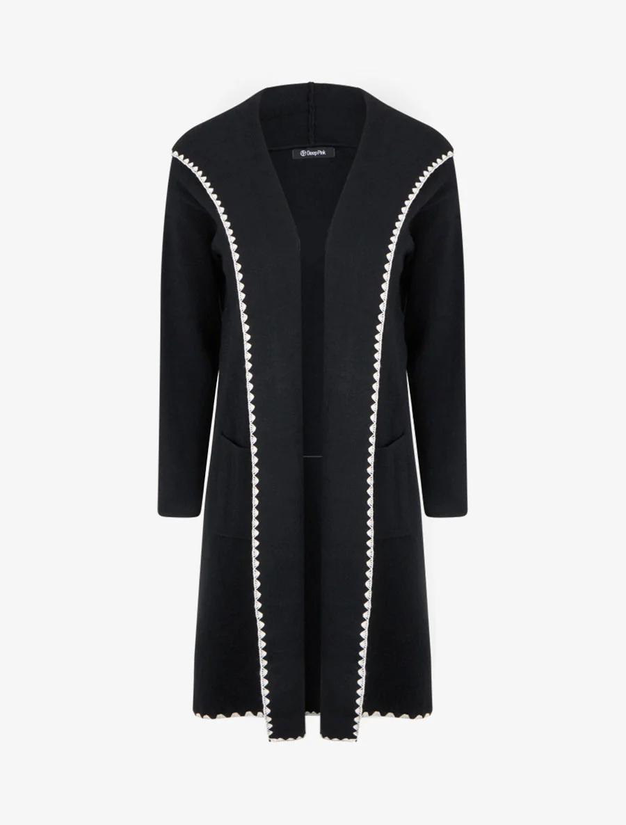 Lang vest met capuchon en geborduurde bies. - Zwart