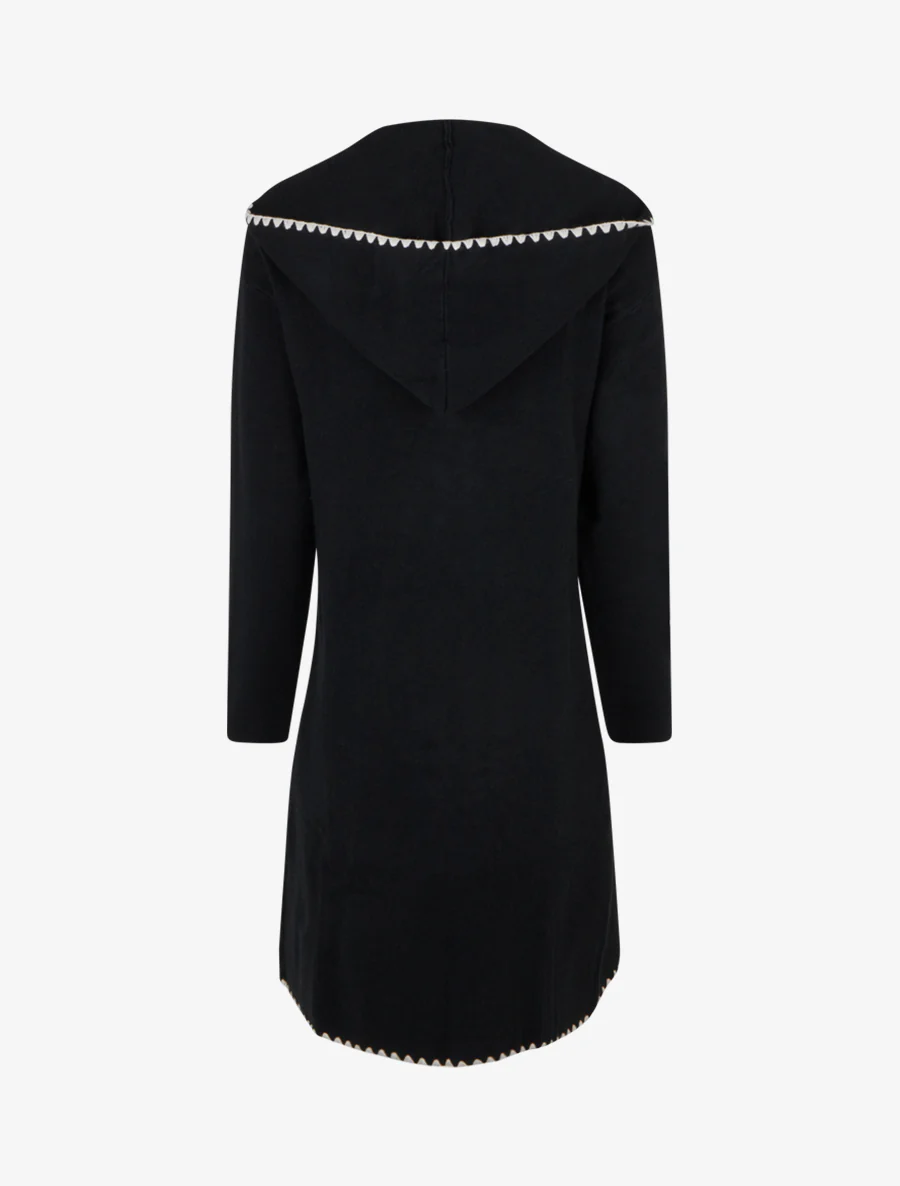 Lang vest met capuchon en geborduurde bies. - Zwart - Image 2