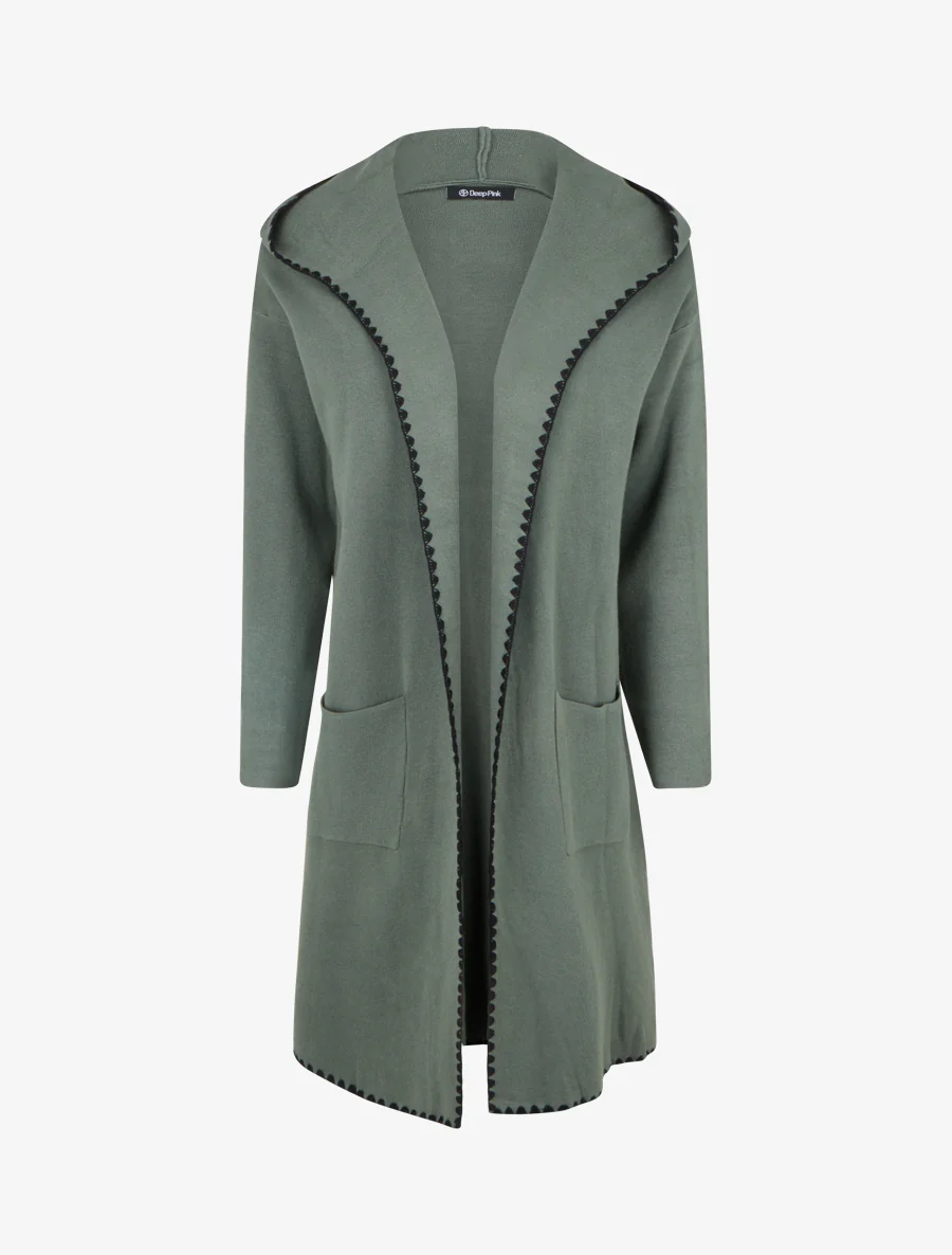 Lang vest met capuchon en geborduurde bies. - Kaki
