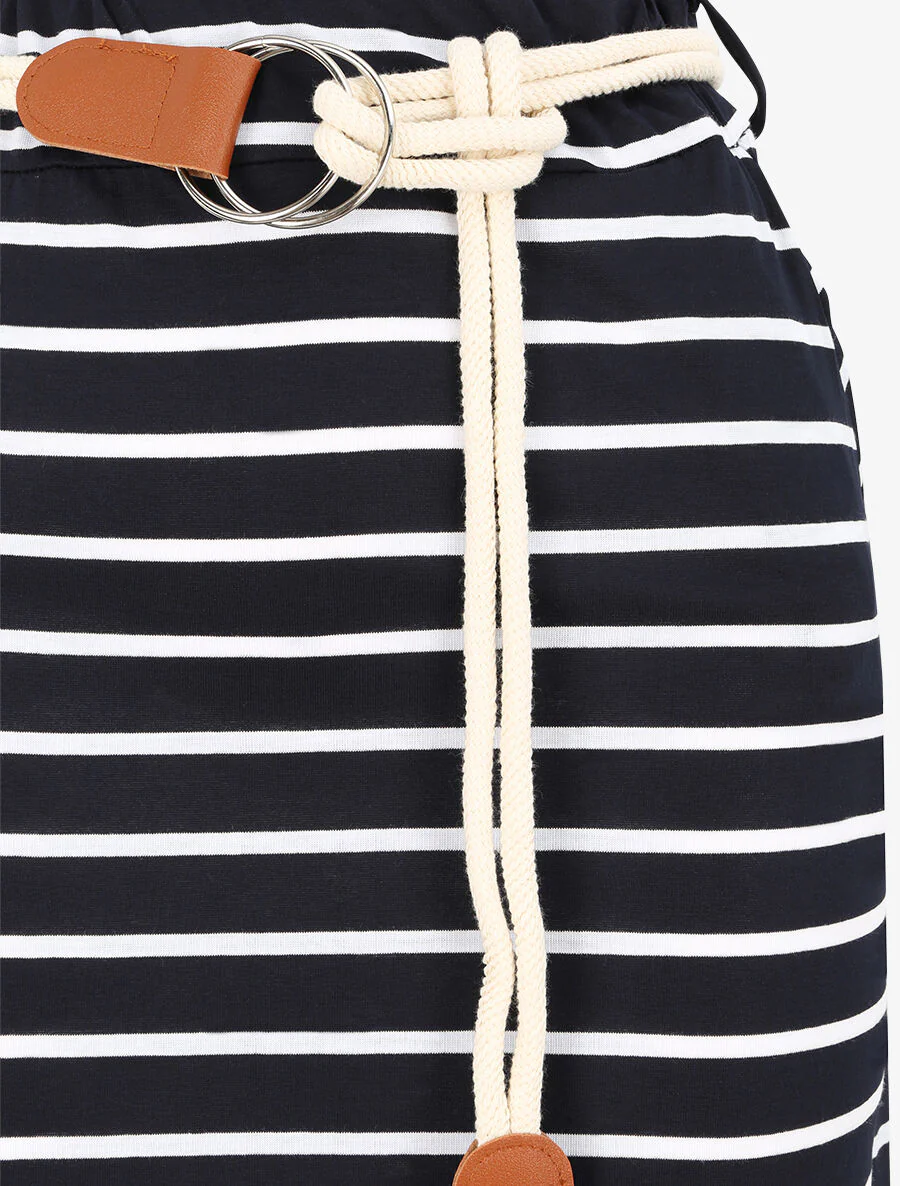 Lange A-lijn gestreepte print rok - marineblauw - Image 3