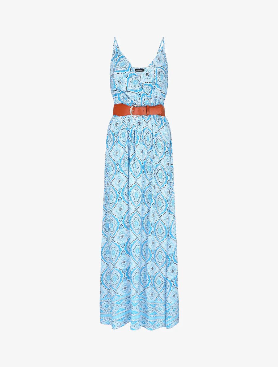 Lange A-lijn jurk met sjaalprint - blauw