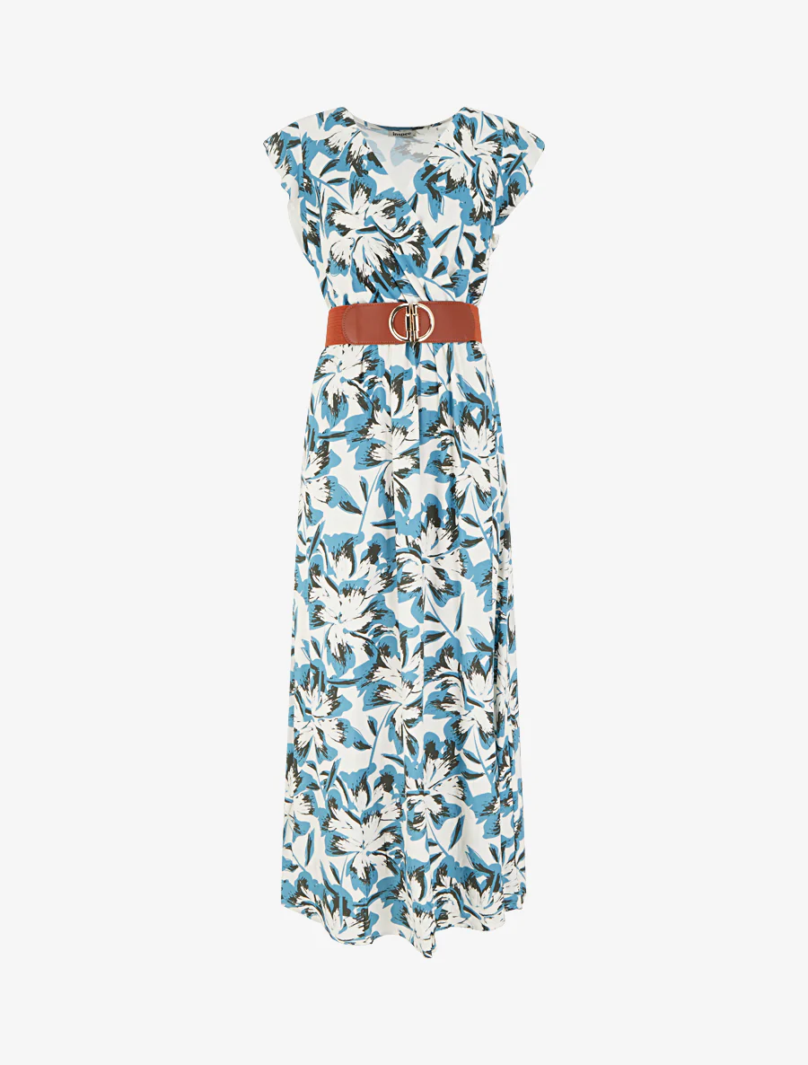 Lange bloemenjurk met volantmouwtjes - Blauw