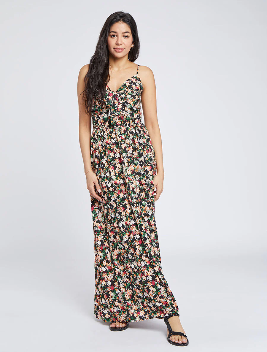 Lange bloemenprint Empire-snit jurk - Zwart