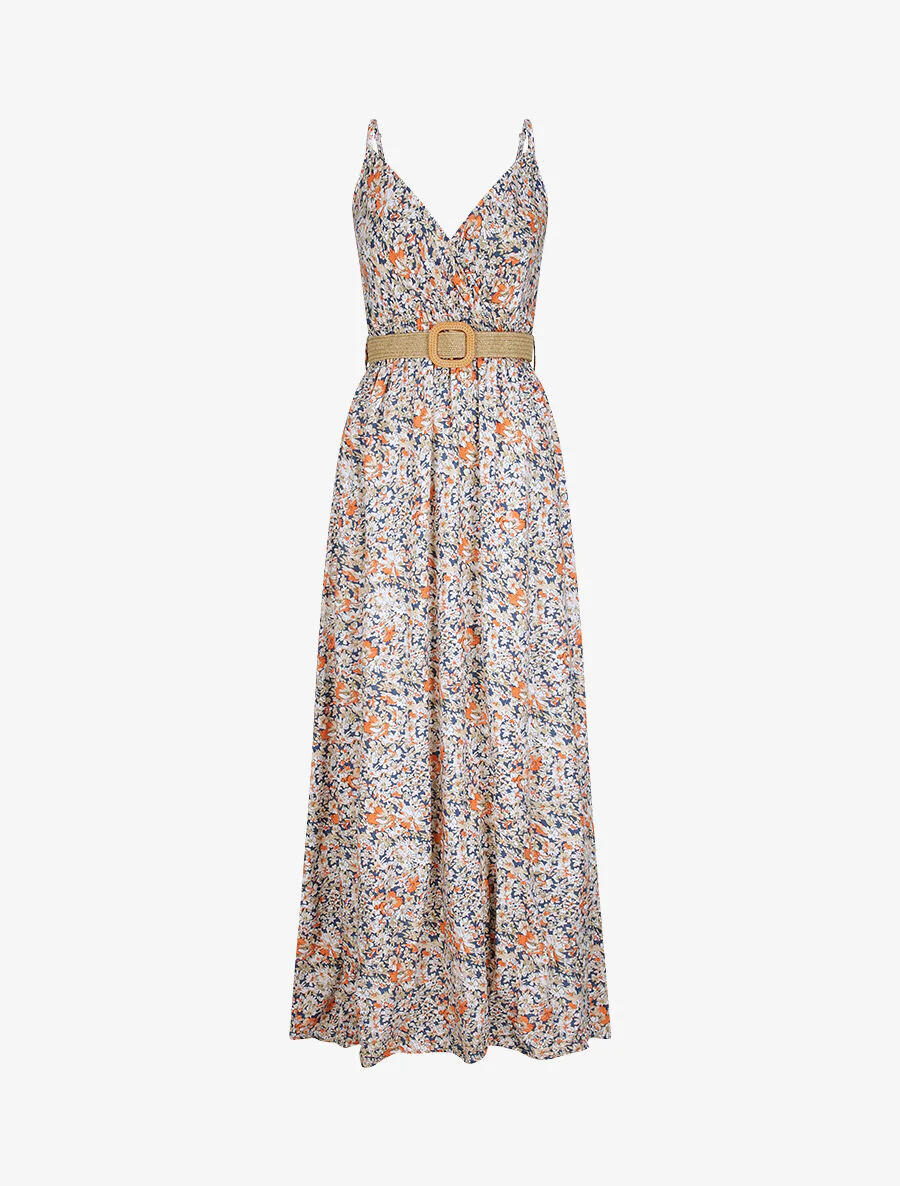 Lange bloemenprint jurk - Beige/marine