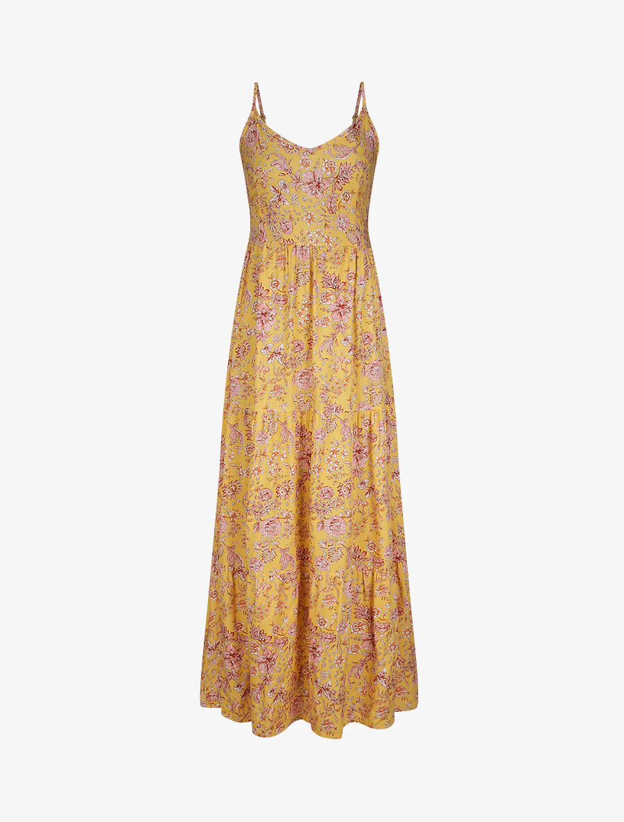Lange bloemenprint jurk - Mosterd