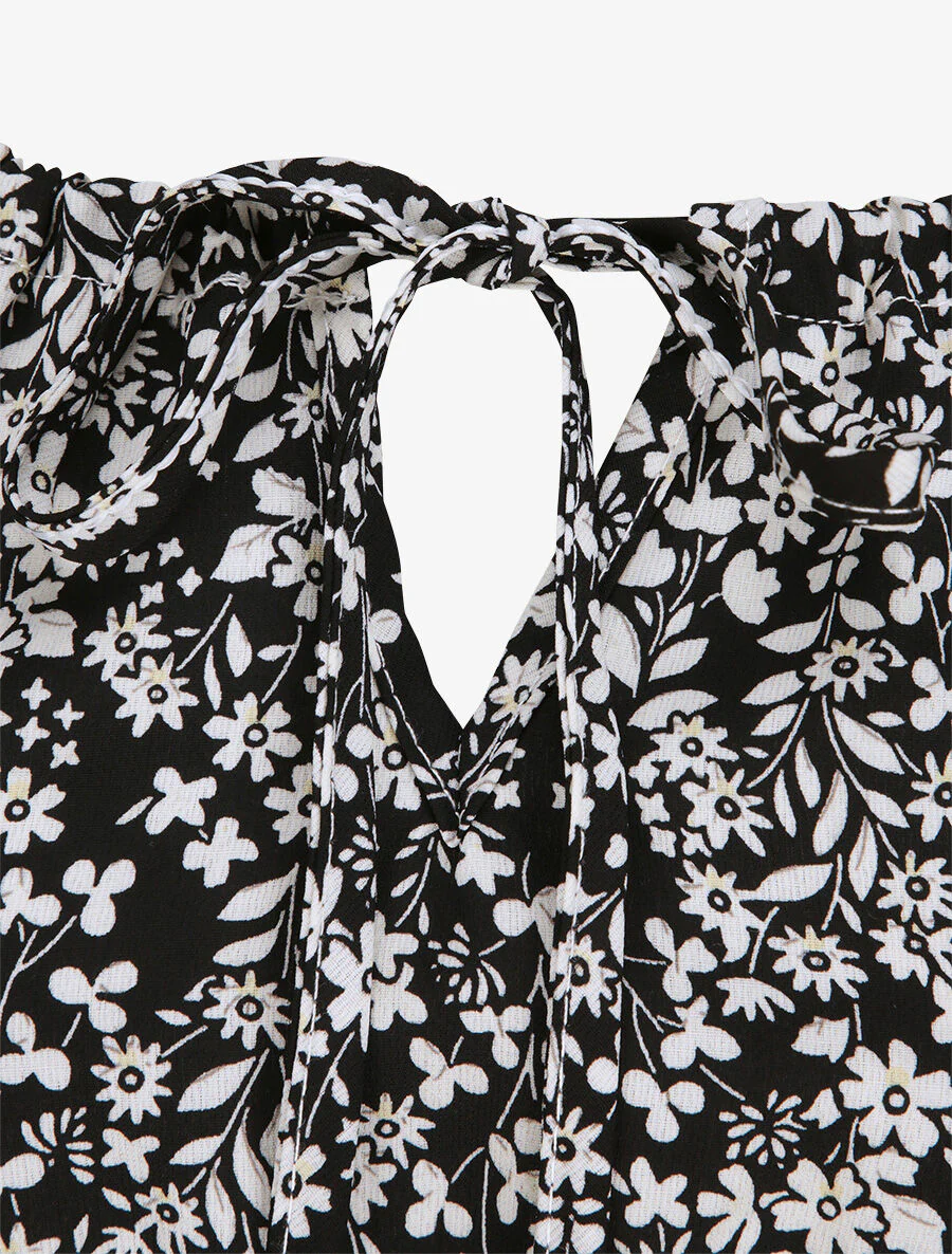 Lange bloemenprint jurk met borduurwerk op de taille - Zwart - Image 3