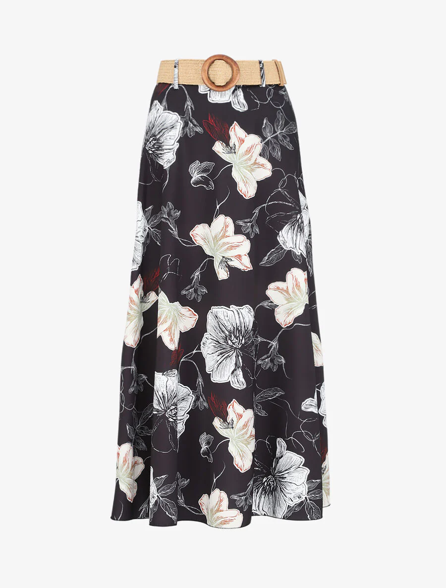 Lange bloemenprint rok - Zwart