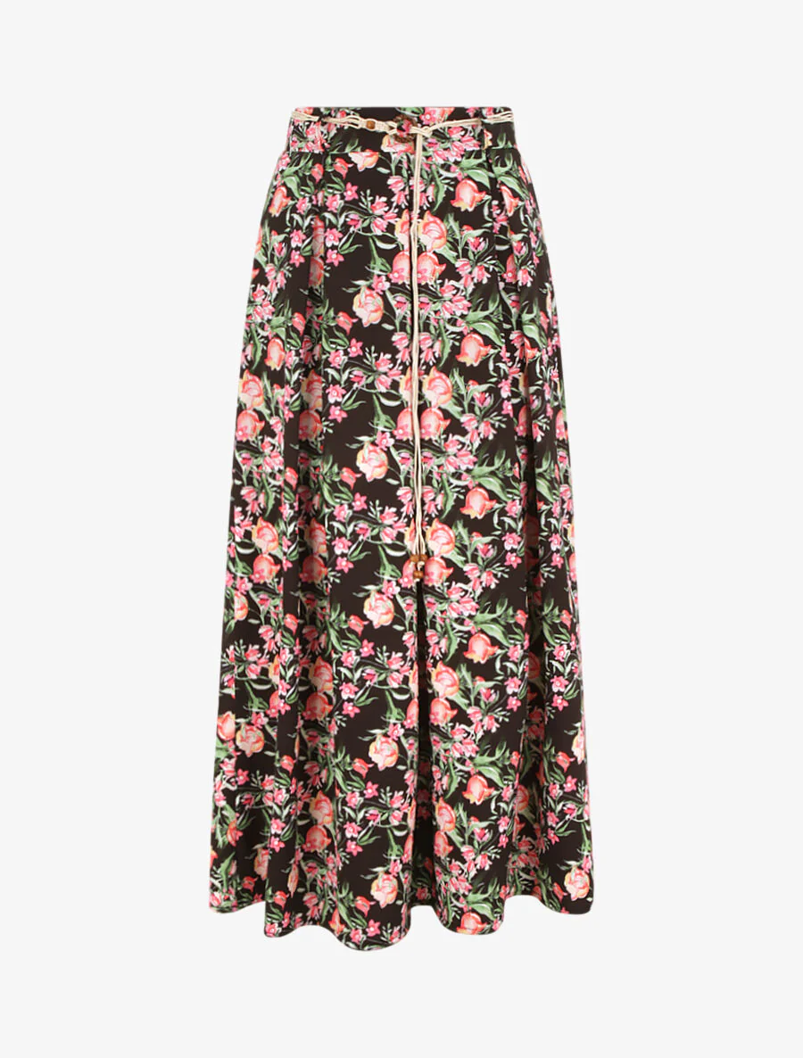 Lange bloemenprint rok - Zwart