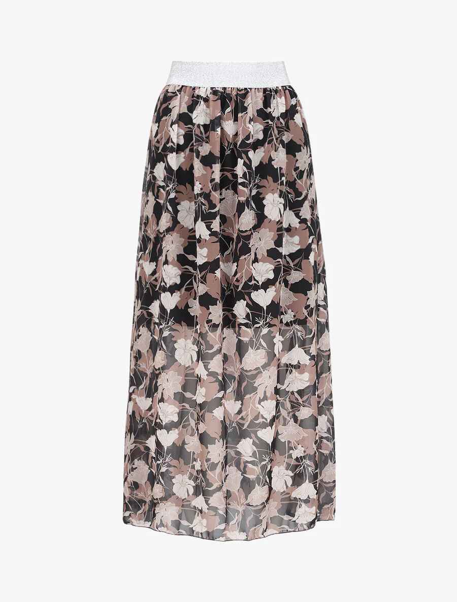 Lange bloemenprint rok met een regenboogriem - Zwart