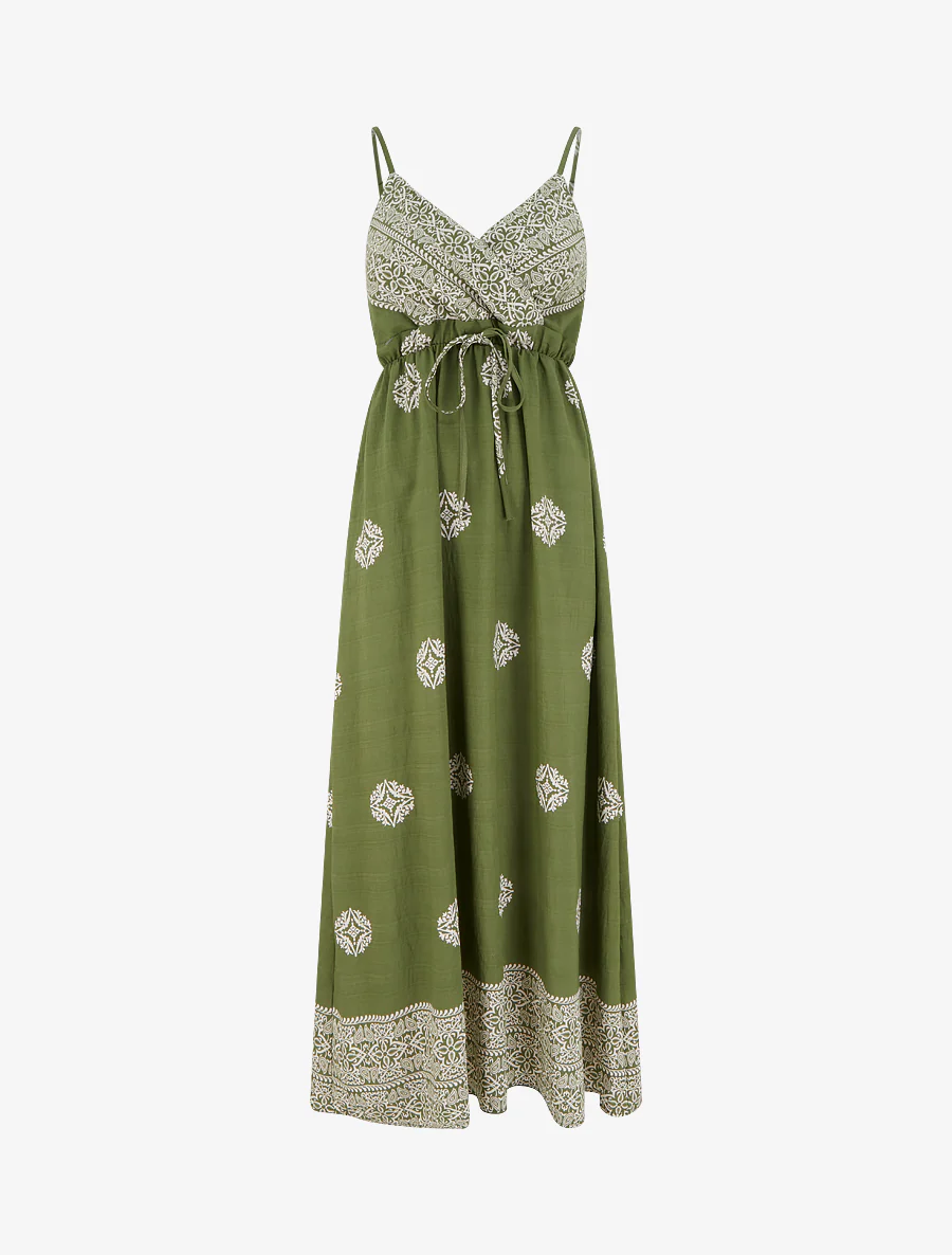 Lange bohemien jurk met arabesk print. - Kaki