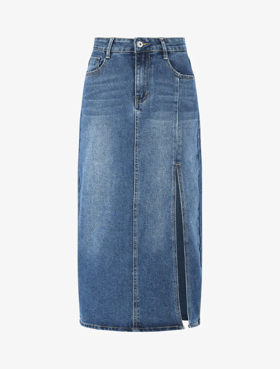 Lange denim rok in recht model met split - blauw