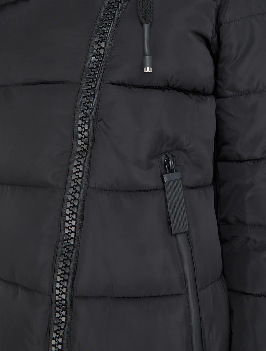 Lange donsjas met capuchon en schuine ritssluiting - Zwart - Image 3