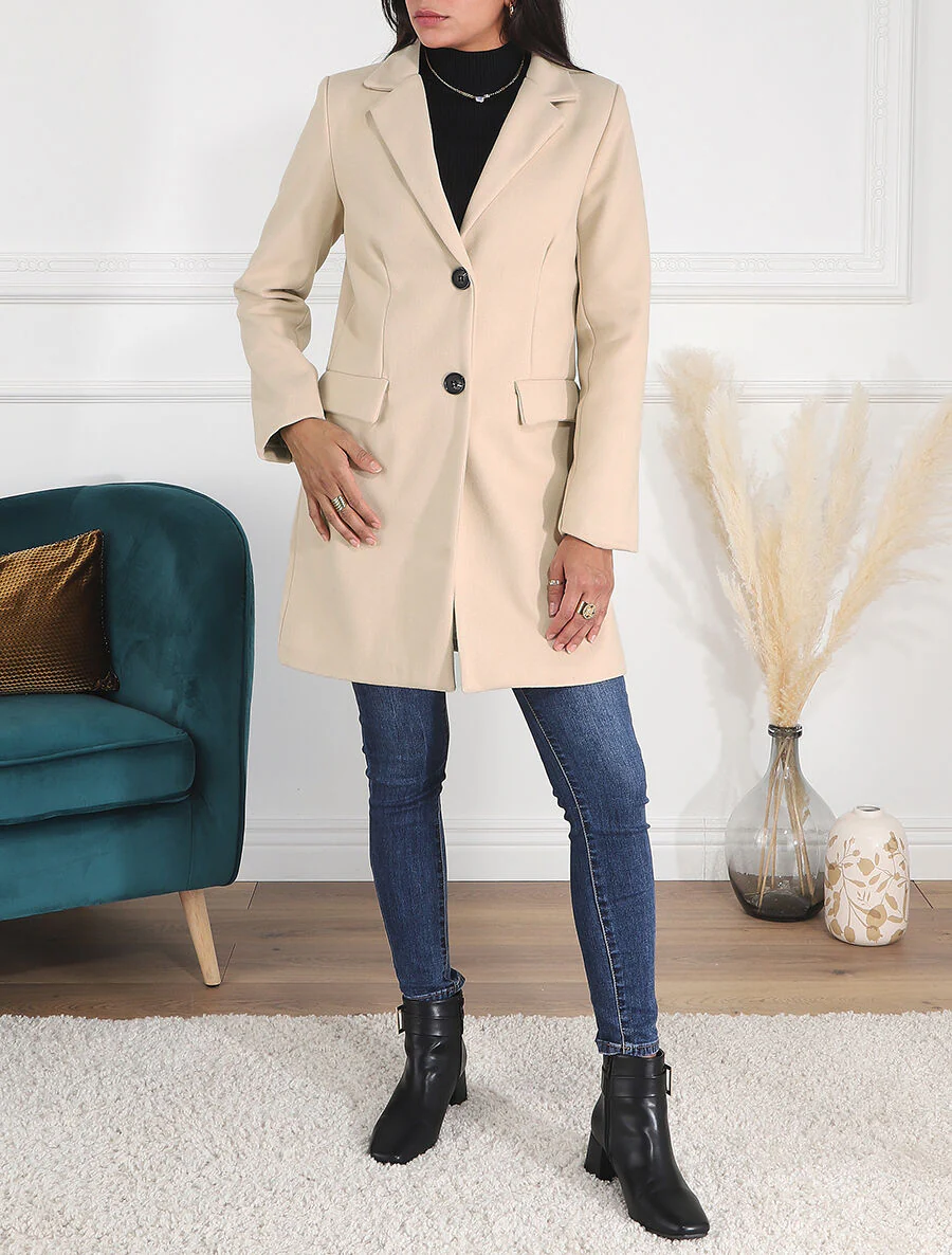 Lange double-breasted jas met knopen - Beige - Image 4