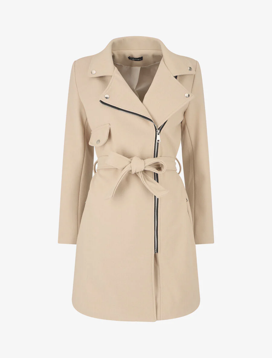 Lange effen jas in bikerstyle - Beige