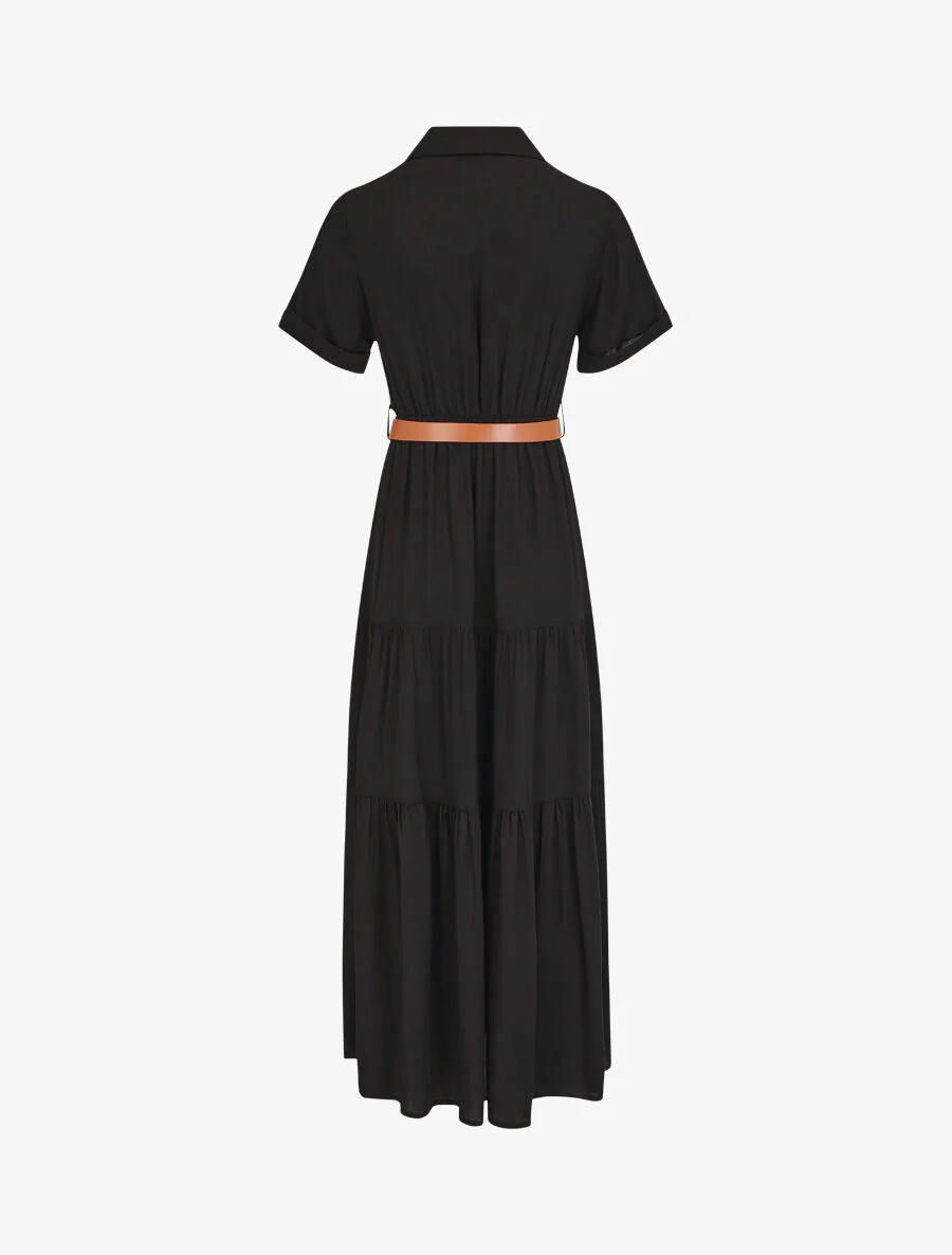 Lange effen jurk met elastische taille - zwart - Image 2