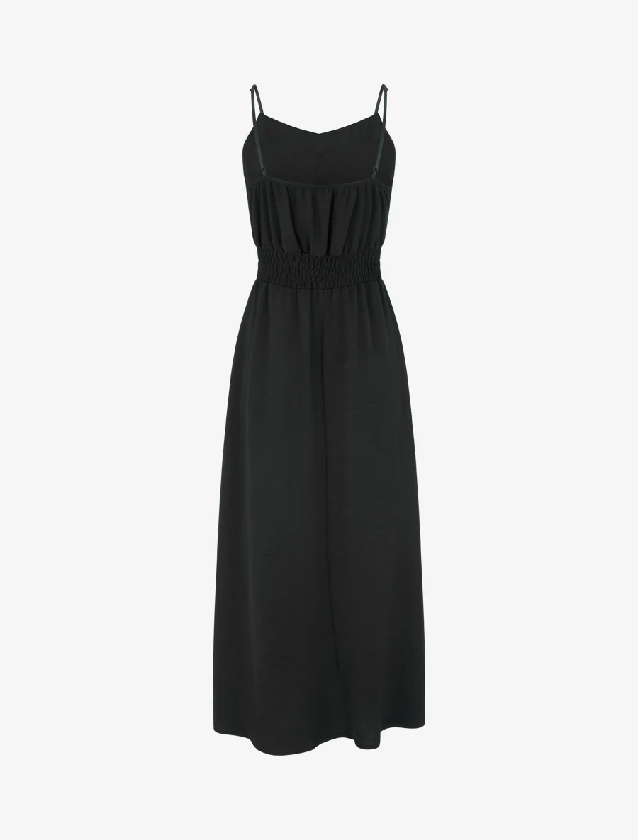 Lange effen jurk met elastische taille - Zwart - Image 2