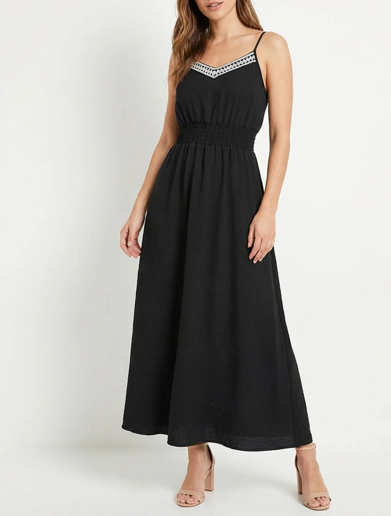 Lange effen jurk met elastische taille - Zwart - Image 4