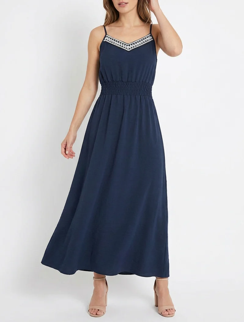 Lange effen jurk met elastische taille - Marine - Image 4