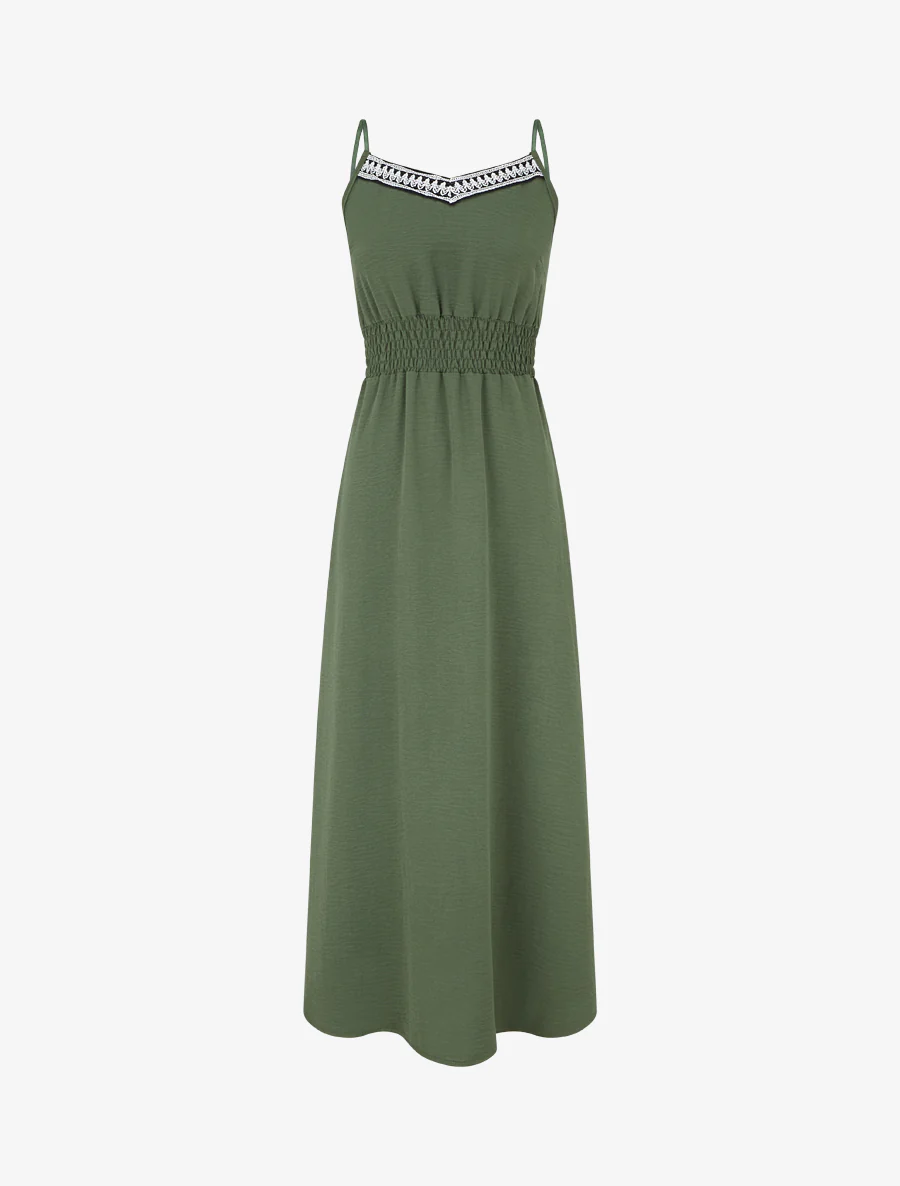Lange effen jurk met elastische taille - Kaki