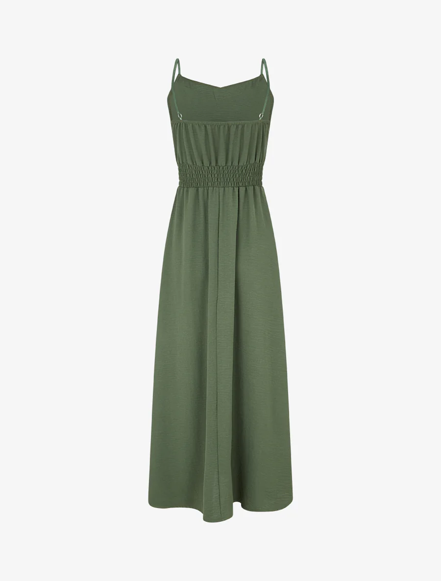 Lange effen jurk met elastische taille - Kaki - Image 2
