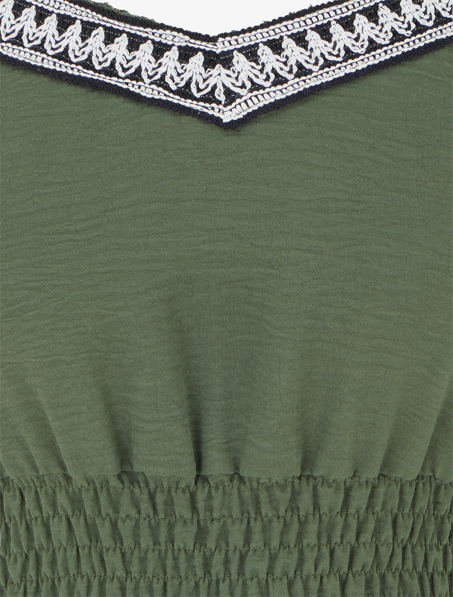 Lange effen jurk met elastische taille - Kaki - Image 3