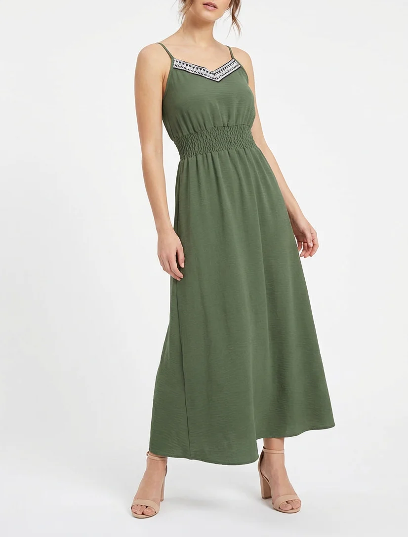 Lange effen jurk met elastische taille - Kaki - Image 4