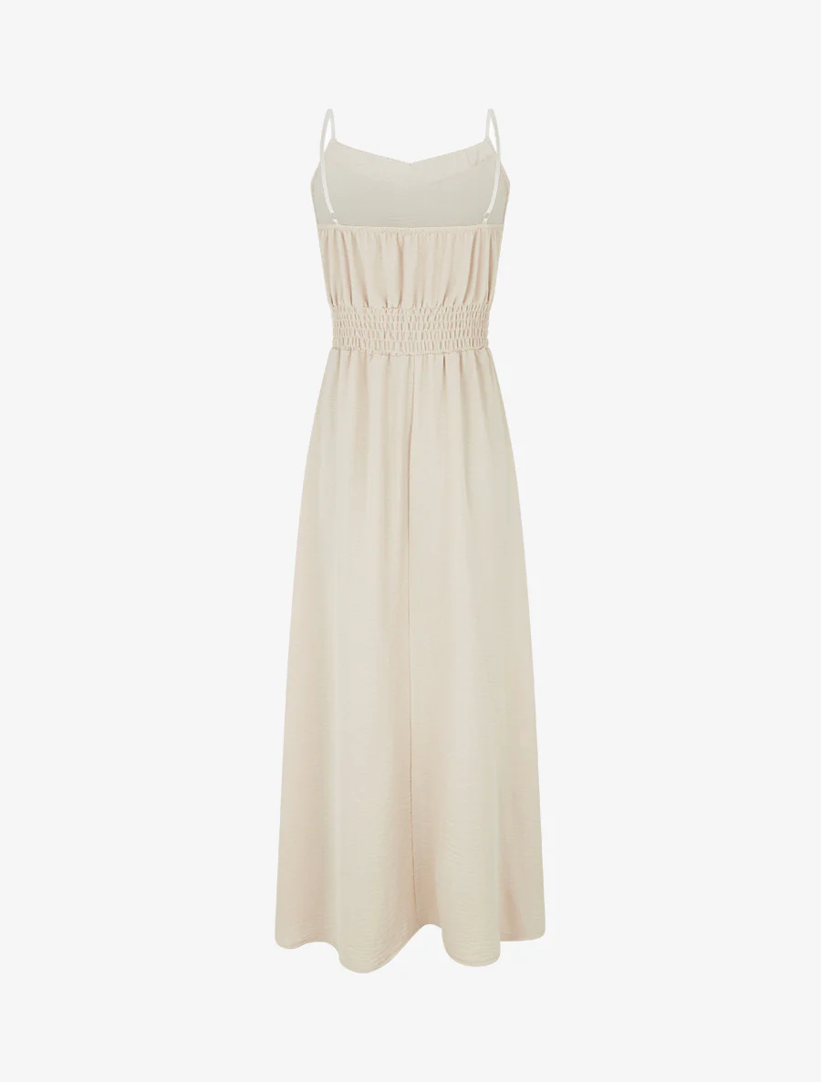 Lange effen jurk met elastische taille - Beige - Image 2