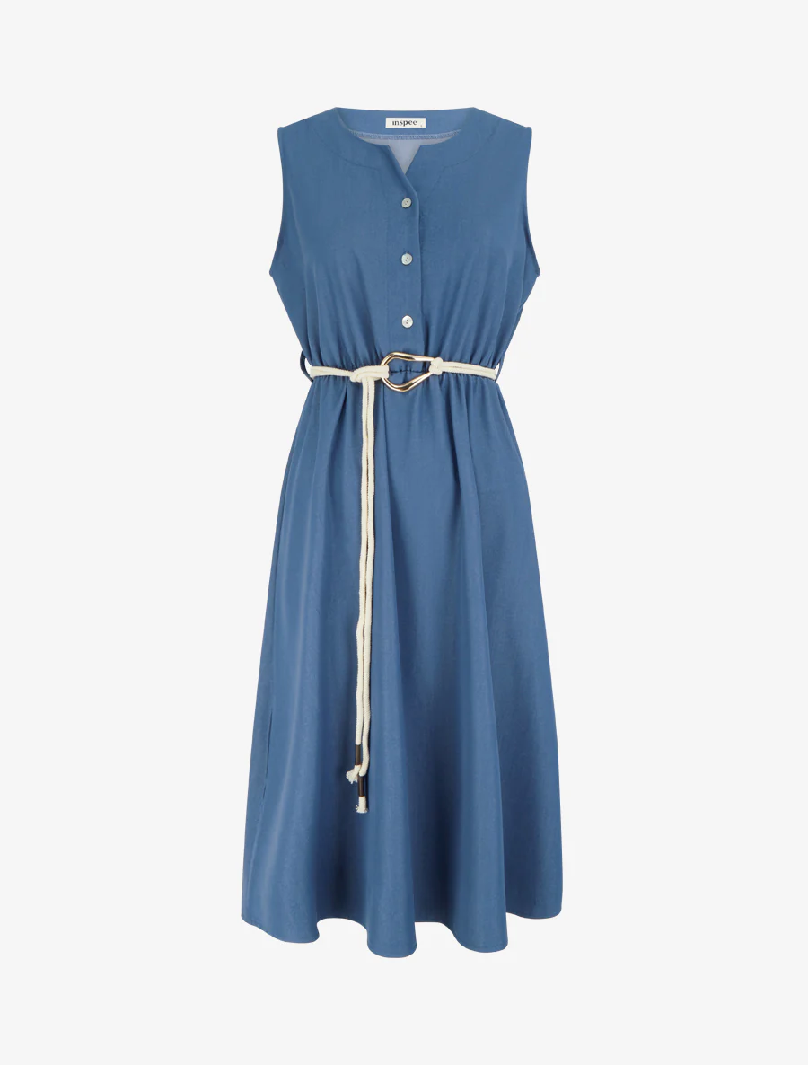 Lange effen jurk met elastische taille - Blauw