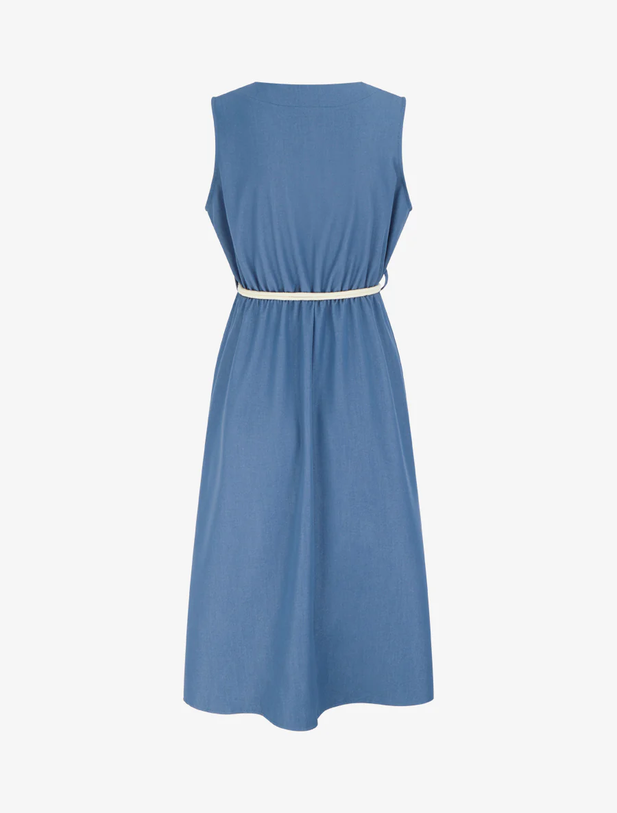 Lange effen jurk met elastische taille - Blauw - Image 2
