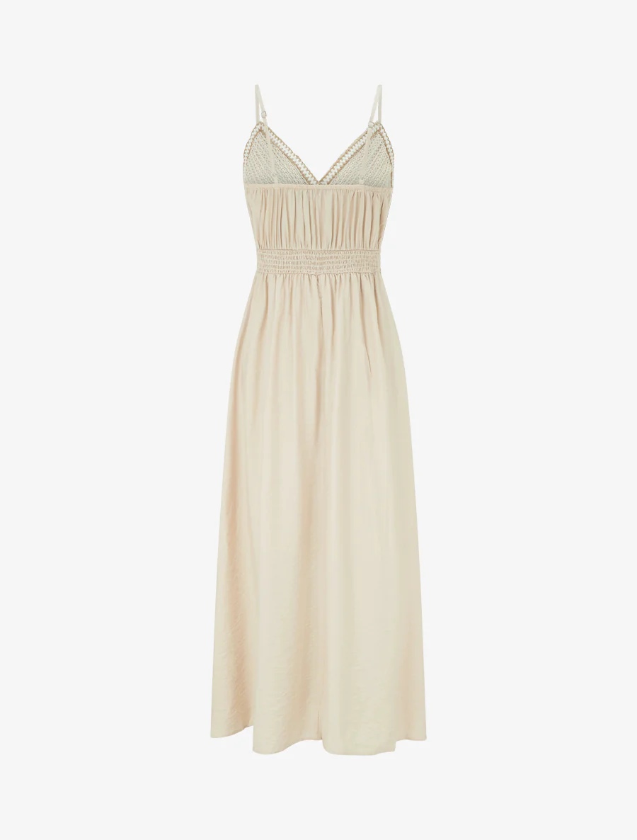 Lange effen jurk met geborduurd borststuk - Beige - Image 2