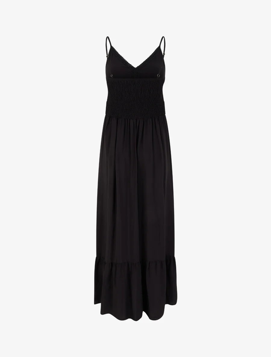 Lange effen jurk met kanten taille - Zwart - Image 2