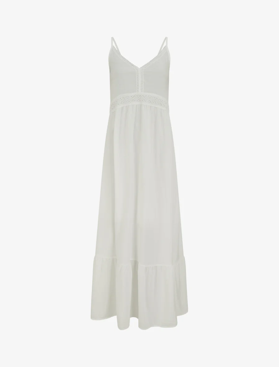Lange effen jurk met kanten taille - Wit